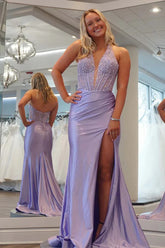 Sheath Halter Lavender Prom Dress US With Split Deep V-neck